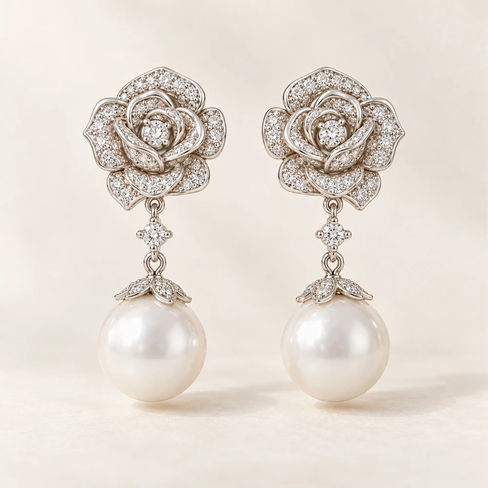 Rosette Pearl Earrings in Silver / White