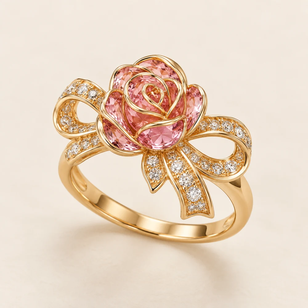 Rose Ribbon Statement Ring in Gold / Pink