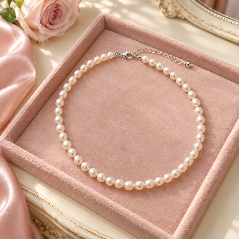 Pearl necklace resting on a feminine dressing table